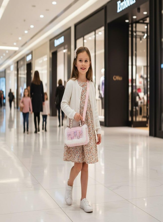 LIGHTER HOUSE Girls Mini Handbag, Pink Tweed with Faux Fur Trim, Pearl Handle, Cartoon Charms, Crossbody Strap, Pack of 01 Pc - Image 3