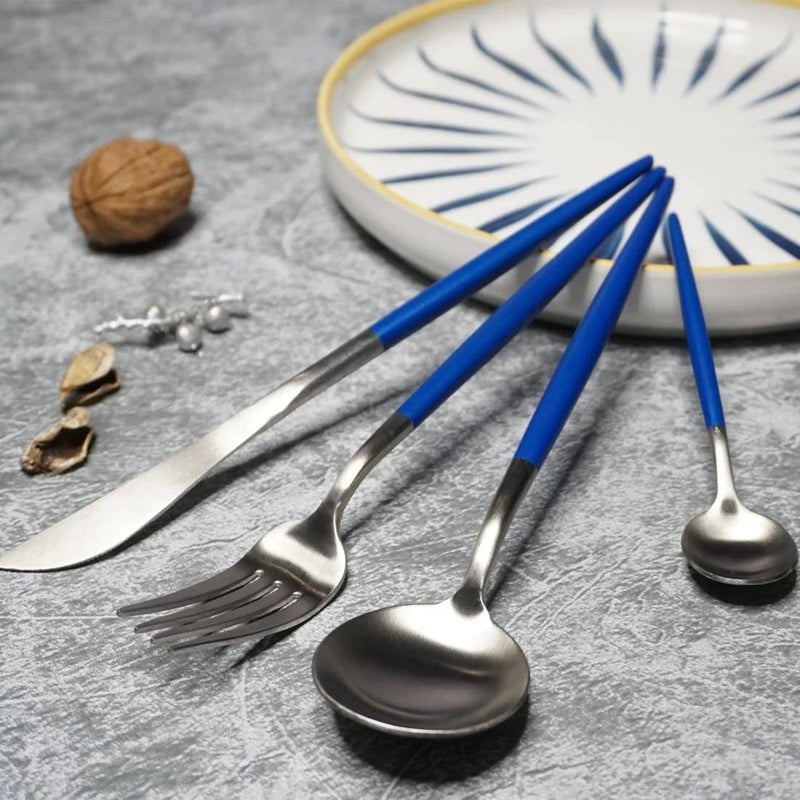 Kolorful 4 Piece Premium Silver Plated 304 Stainless Steel Steak Knife Fork Spoon Teaspoons Mirror Finish Flatware Tableware Dinnerware Cutlery Set Blue - Image 3