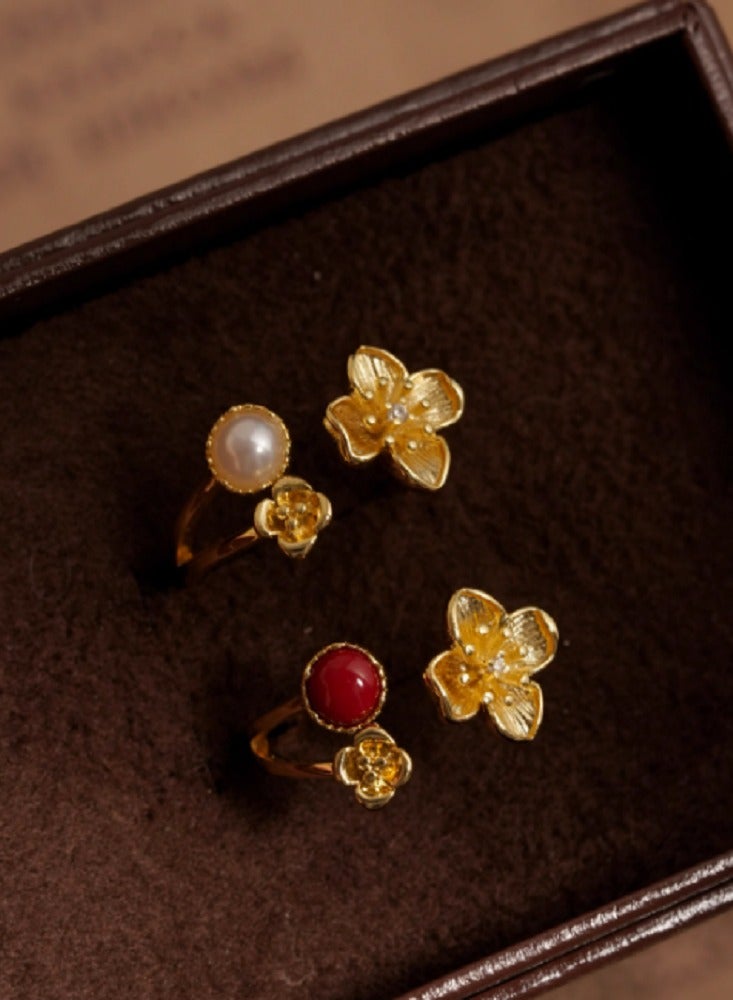 Vintage Haute Couture Pearl and Gold Flower Split Ring Red - Image 5