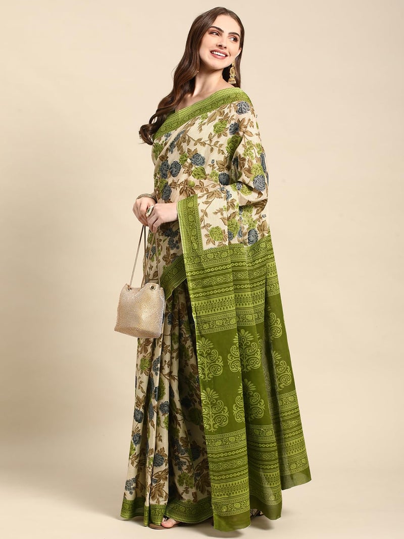 RATAN Pure Cotton Printed Mulmul Saree for Women with Blouse Piece (GDBT-BP-1047-GRN_Green) - Image 4