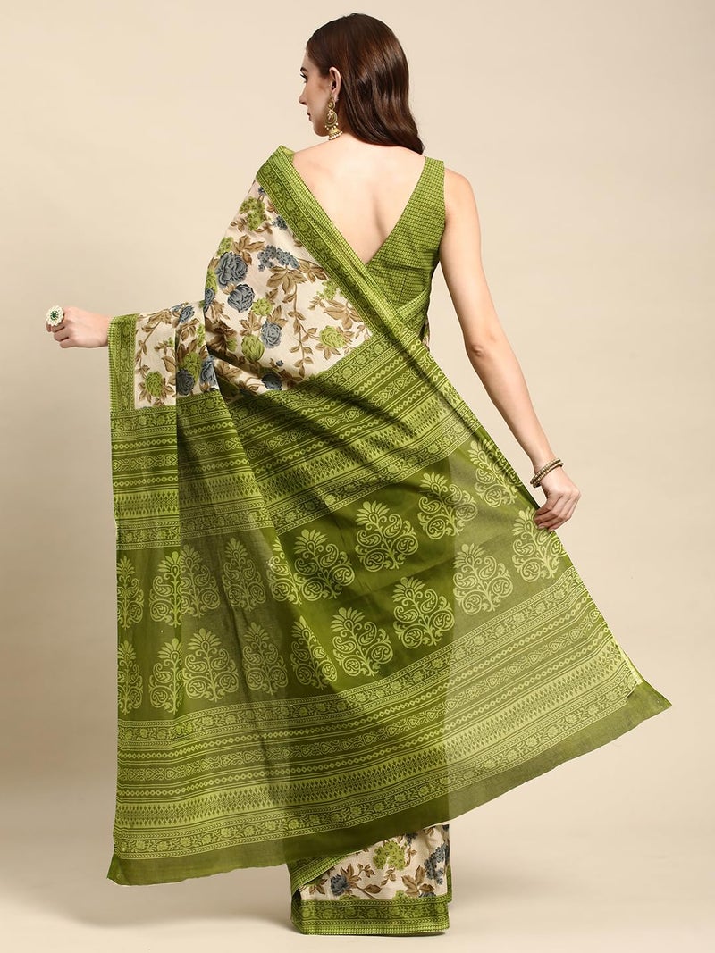 RATAN Pure Cotton Printed Mulmul Saree for Women with Blouse Piece (GDBT-BP-1047-GRN_Green) - Image 2