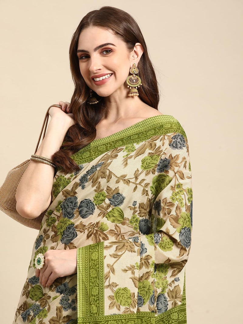 RATAN Pure Cotton Printed Mulmul Saree for Women with Blouse Piece (GDBT-BP-1047-GRN_Green) - Image 3