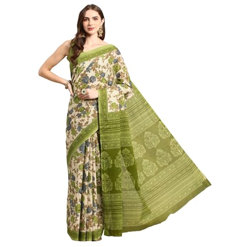 RATAN Pure Cotton Printed Mulmul Saree for Women with Blouse Piece (GDBT-BP-1047-GRN_Green) - Image 1