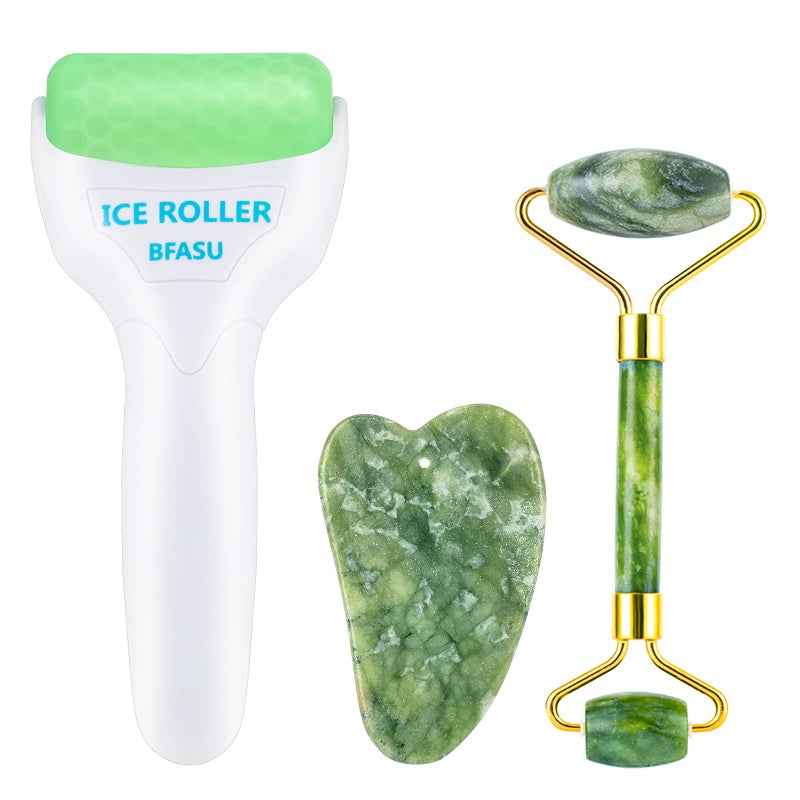 BFASU Facial Roller Set of 3 Ice Roller TwoSided Jade Roller and Gua Sha Massage Tool Rolling Tool for Facial Beauty and Body Massage Helps Reduce PuffySkin Care Gifts Green