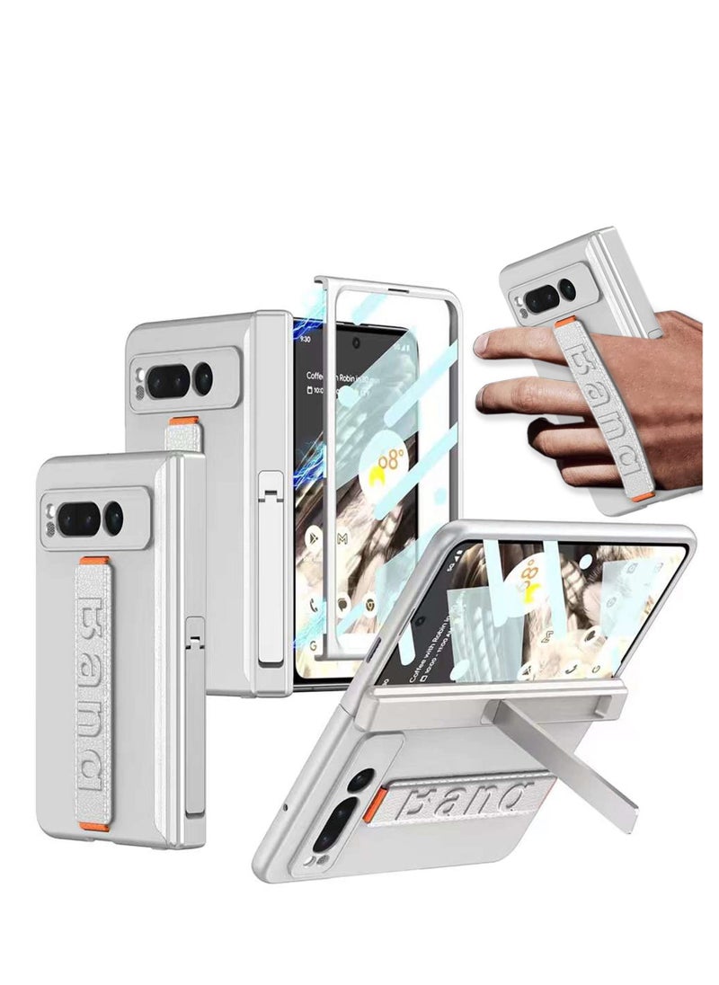 Y&D - Compatible for Google Pixel Fold Phone Case Magnetic Case with Screen Protector & Hand Strap Silver Heavy Duty Shock-Absorption Hard Matte Cover With Built-In Stand - Image 1