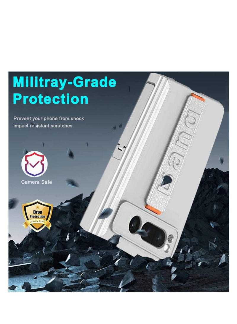 Y&D - Compatible for Google Pixel Fold Phone Case Magnetic Case with Screen Protector & Hand Strap Silver Heavy Duty Shock-Absorption Hard Matte Cover With Built-In Stand - Image 1