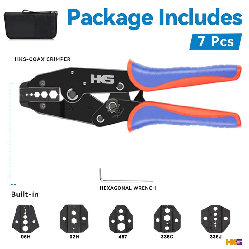 HKS Coax Ratchet Crimping Tool Set for Coaxial RG Cable RF Connector with 5 Changeable Dies - Image 2