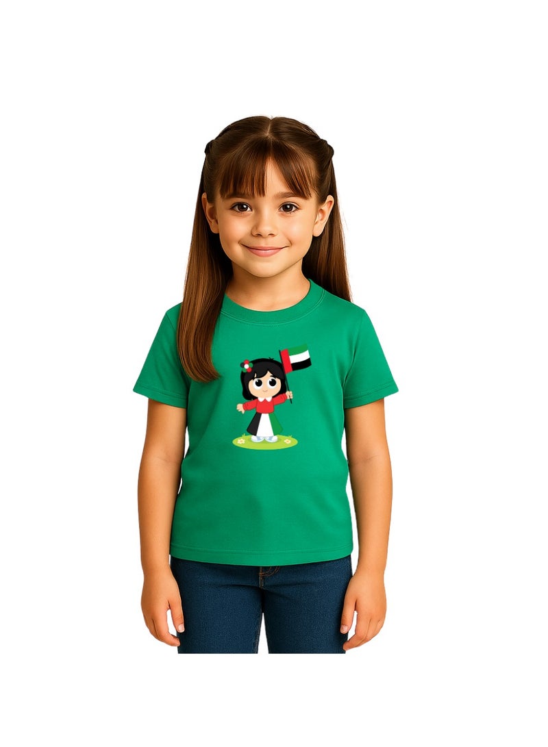 UAE National Day Kids Green T-Shirt With Cartoon Girl & Flag Print,100% Cotton,Short Sleeve,Breathable - Image 1