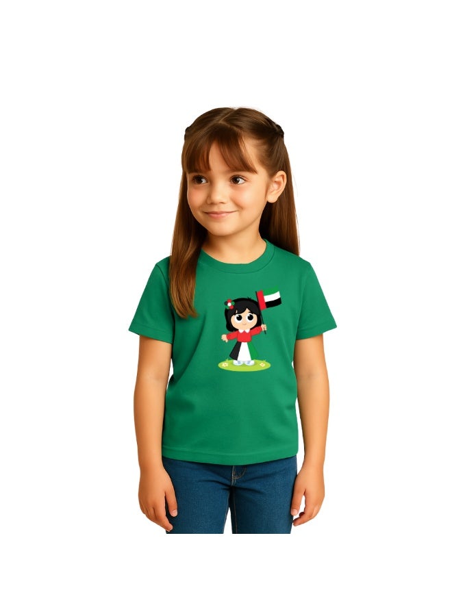 UAE National Day Kids Green T-Shirt With Cartoon Girl & Flag Print,100% Cotton,Short Sleeve,Breathable - Image 2