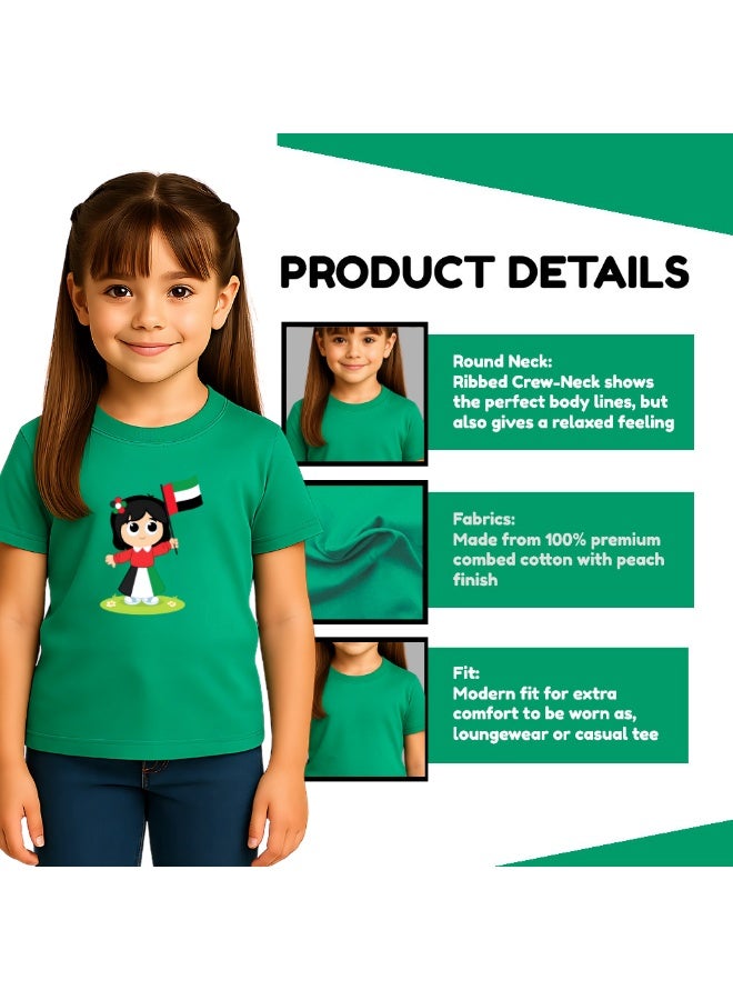 UAE National Day Kids Green T-Shirt With Cartoon Girl & Flag Print,100% Cotton,Short Sleeve,Breathable - Image 3