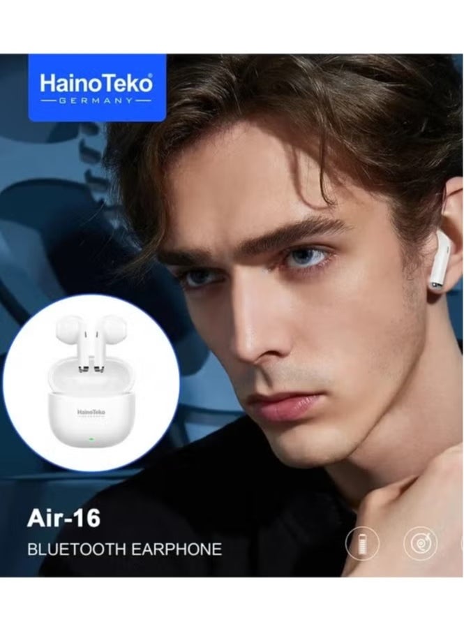 Haino Teko - Wireless AIR-16 In-Ear Bluetooth Earphones – Premium Sound, Comfortable Fit, Free Cover with Hook, Original Quality, Compatible with iOS and Android Devices – Sleek White Design, Sweatproof, High-Performance Audio, Long Battery Life - Image 1