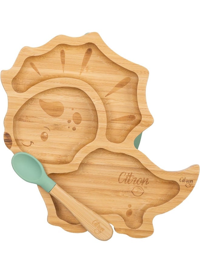 Citron Organic Bamboo Plate And Spoon With Suction Dino - Image 1