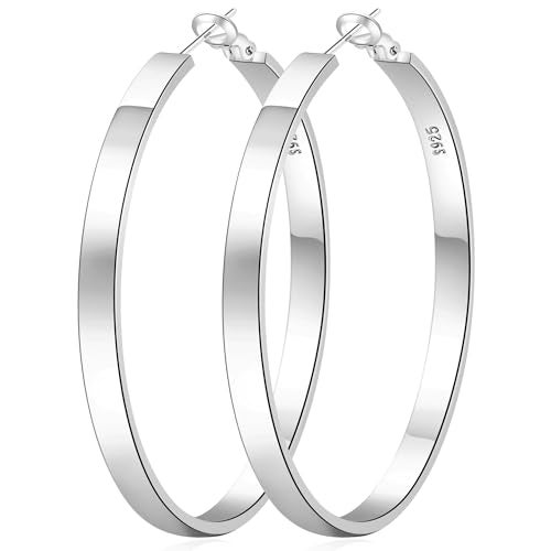 EXGOX 4MM Wide Silver Hoop Earrings for Women Sterling Silver Large Hoop Earrings 14K Real Gold Plated Hoop Earrings Hypoallergenic 925 Silver Big Hoop Earrings for Women (30/40/50/60mm) - Image 1
