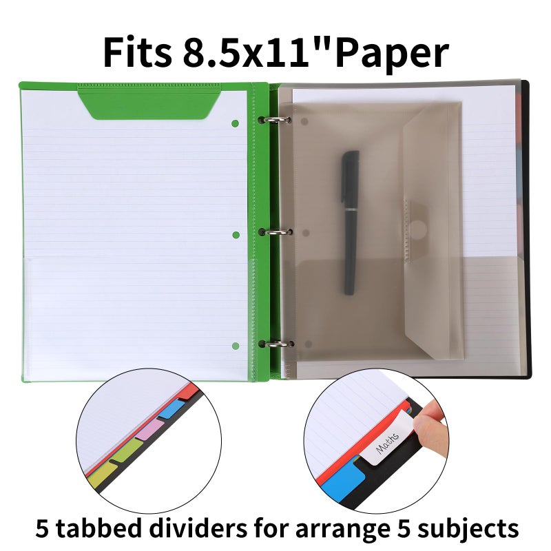 Tashkummy Pivotable Refillable Notebook, 1 Inch 3 Ring Notebook Binder, 50 College Ruled Paper, 5 Subject Notebook with Dividers and Folder Pockets, Tabs- Green - Image 4