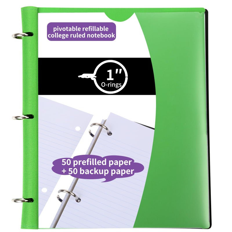 Tashkummy Pivotable Refillable Notebook, 1 Inch 3 Ring Notebook Binder, 50 College Ruled Paper, 5 Subject Notebook with Dividers and Folder Pockets, Tabs- Green - Image 1