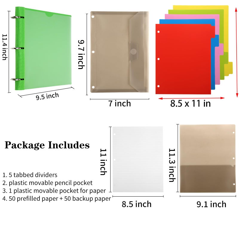 Tashkummy Pivotable Refillable Notebook, 1 Inch 3 Ring Notebook Binder, 50 College Ruled Paper, 5 Subject Notebook with Dividers and Folder Pockets, Tabs- Green - Image 2