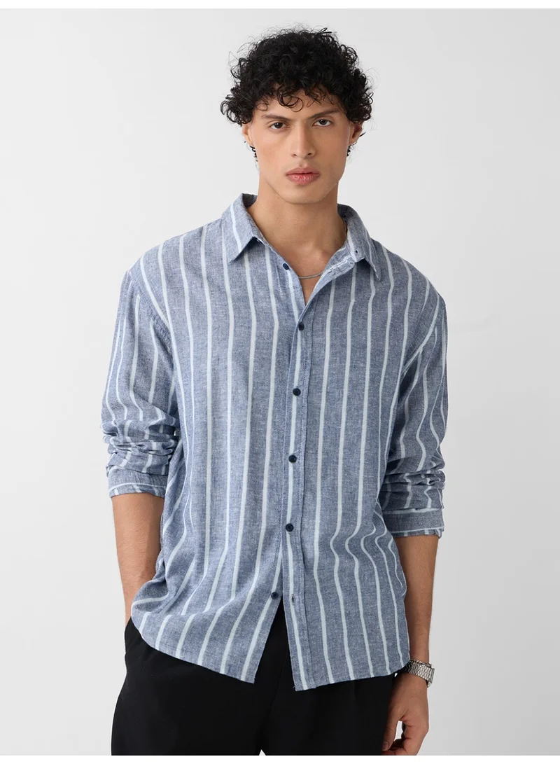 The Souled Store The Souled Store Nautical Line: Cotton Linen Stripes Men and Boys Full Sleeves Semi-Spread Collar Striped Cotton Blend Regular Fit Lightweight Summer Shirt