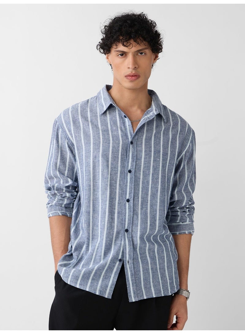 The Souled Store Nautical Line: Cotton Linen Stripes Men and Boys Full Sleeves Semi-Spread Collar Striped Cotton Blend Regular Fit Lightweight Summer Shirt - Image 1