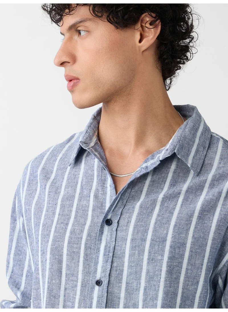 The Souled Store  The Souled Store Nautical Line: Cotton Linen Stripes Men and Boys Full Sleeves Semi-Spread Collar Striped Cotton Blend Regular Fit Lightweight Summer Shirt  | Best Price UAE