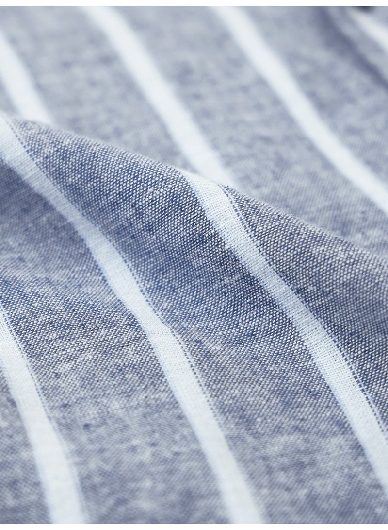 The Souled Store Nautical Line: Cotton Linen Stripes Men and Boys Full Sleeves Semi-Spread Collar Striped Cotton Blend Regular Fit Lightweight Summer Shirt - Image 2