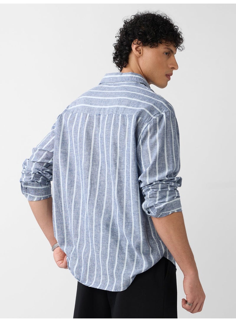 The Souled Store Nautical Line: Cotton Linen Stripes Men and Boys Full Sleeves Semi-Spread Collar Striped Cotton Blend Regular Fit Lightweight Summer Shirt - Image 5