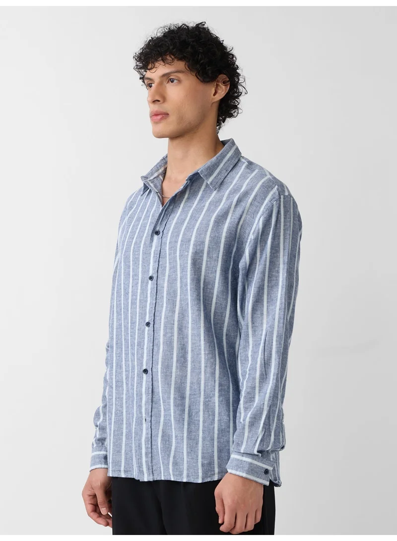 The Souled Store  The Souled Store Nautical Line: Cotton Linen Stripes Men and Boys Full Sleeves Semi-Spread Collar Striped Cotton Blend Regular Fit Lightweight Summer Shirt  | Best Price UAE