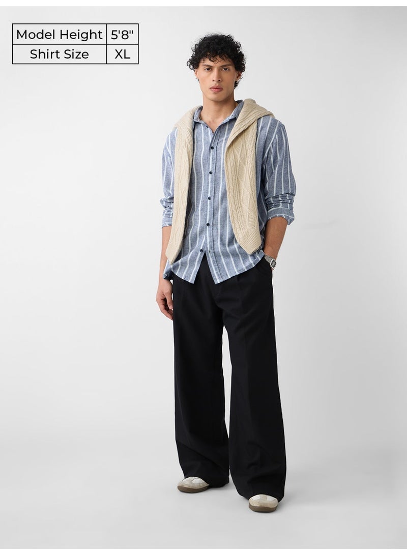 The Souled Store Nautical Line: Cotton Linen Stripes Men and Boys Full Sleeves Semi-Spread Collar Striped Cotton Blend Regular Fit Lightweight Summer Shirt - Image 3