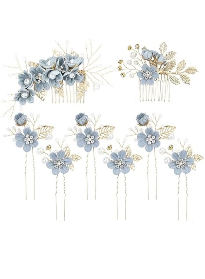 8 Pack Classy Dusty  Flower Bridal Wedding Hair Side Combs+Floral Hair Pins+Twist Spiral Pearl Hair Pins Clips Pieces Formal Prom Headpieces Accessories for Brides Bridesmaids Women Girls  - Image 1