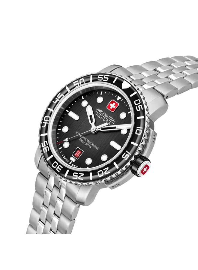 SWISS MILITARY HANOWA Black Marlin Watch For Men With Silver Stainless Steel Bracelet - 44 mm