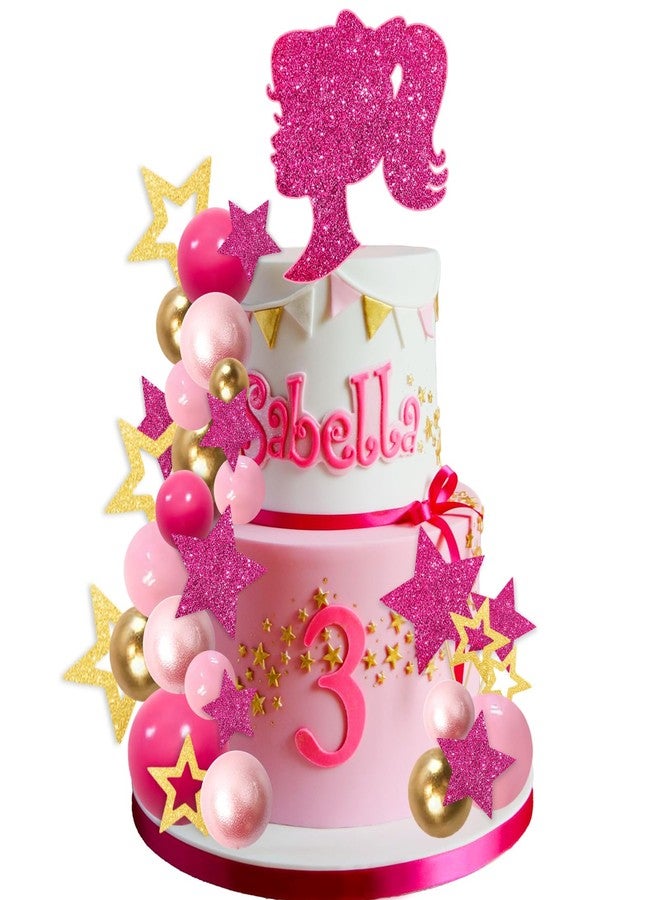 MEMOVAN Hot Pink Girl Cake Toppers 36pcs Ball Cake Decorations with Hot Pink Gold Balls Shiny Stars for Boho Girl Hot Pink Princess Theme Wedding Baby Shower Birthday Party Supplies - Image 1