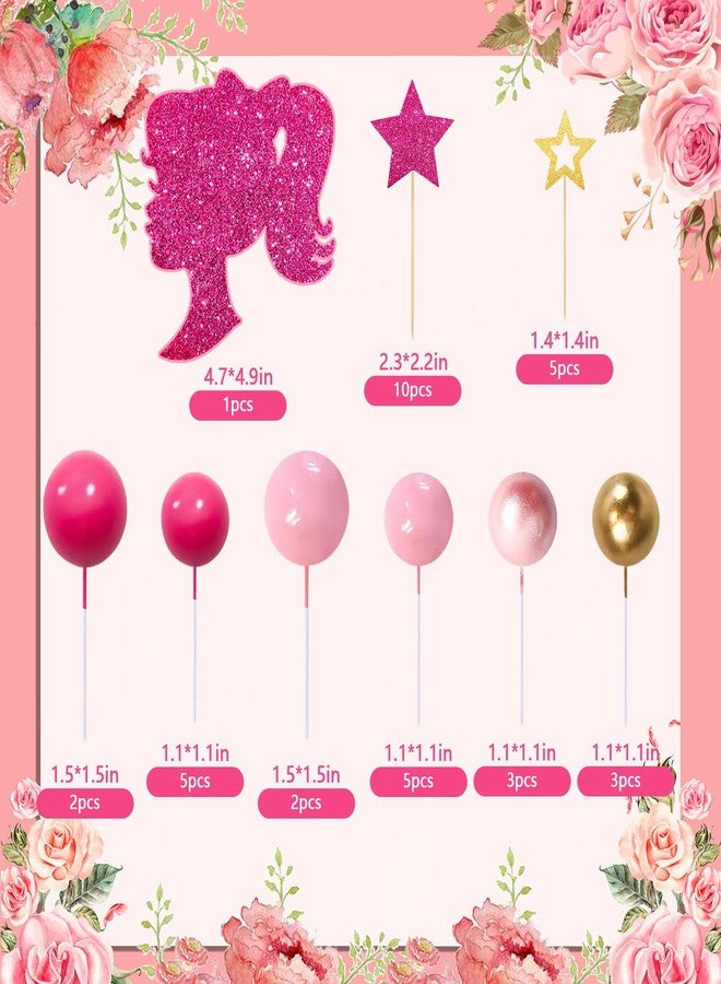 MEMOVAN Hot Pink Girl Cake Toppers 36pcs Ball Cake Decorations with Hot Pink Gold Balls Shiny Stars for Boho Girl Hot Pink Princess Theme Wedding Baby Shower Birthday Party Supplies - Image 2