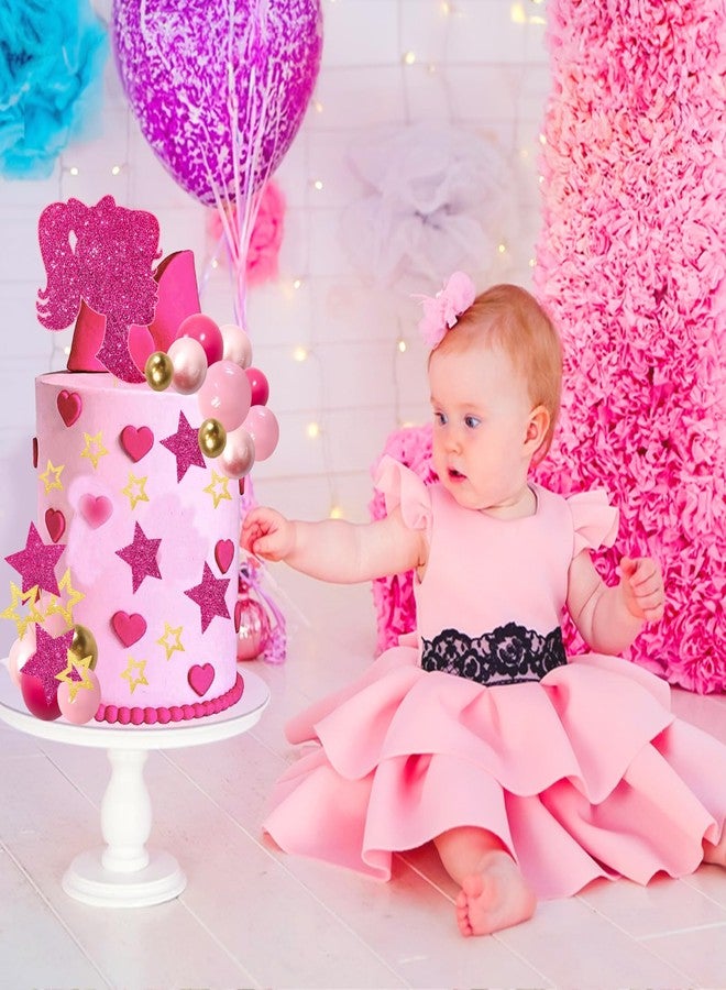MEMOVAN Hot Pink Girl Cake Toppers 36pcs Ball Cake Decorations with Hot Pink Gold Balls Shiny Stars for Boho Girl Hot Pink Princess Theme Wedding Baby Shower Birthday Party Supplies - Image 4