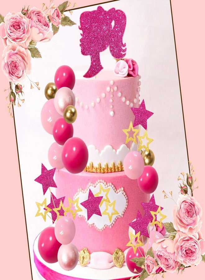 MEMOVAN Hot Pink Girl Cake Toppers 36pcs Ball Cake Decorations with Hot Pink Gold Balls Shiny Stars for Boho Girl Hot Pink Princess Theme Wedding Baby Shower Birthday Party Supplies - Image 3