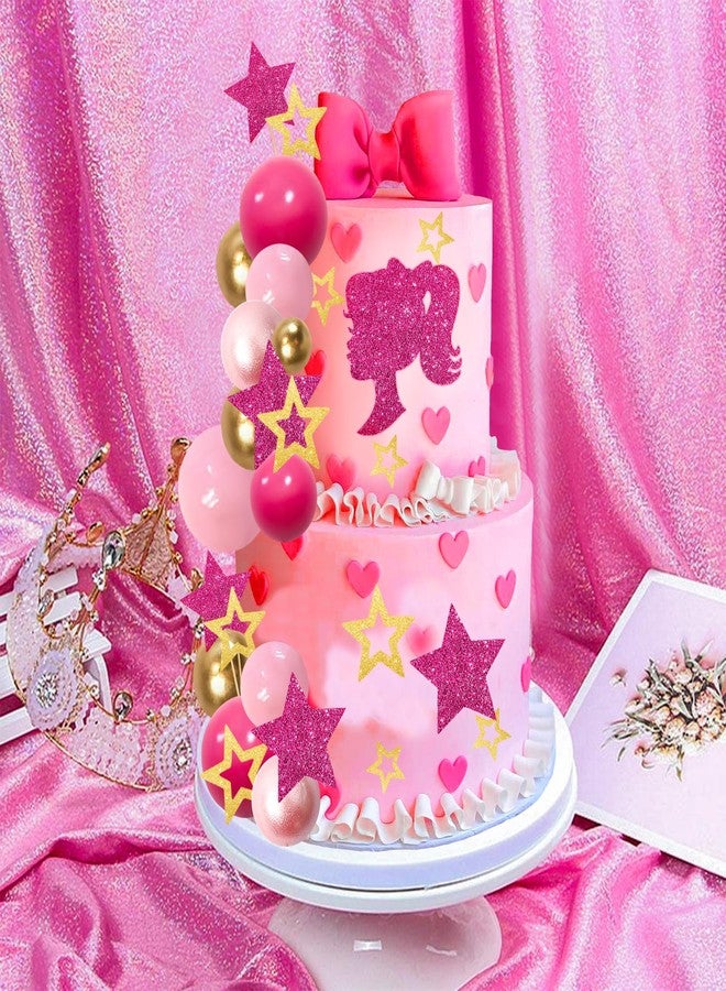 MEMOVAN Hot Pink Girl Cake Toppers 36pcs Ball Cake Decorations with Hot Pink Gold Balls Shiny Stars for Boho Girl Hot Pink Princess Theme Wedding Baby Shower Birthday Party Supplies - Image 5