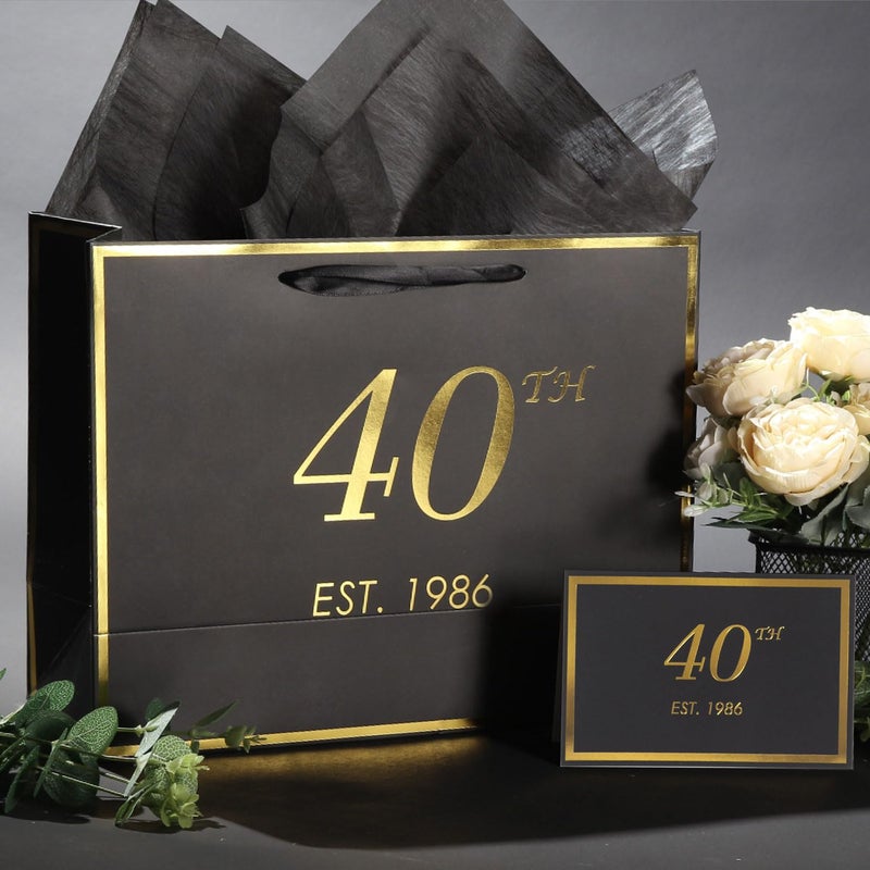 momoake 40th Birthday Gift Bag with Card and Tissue Paper for Men Women Him, 1986 40 Year Old 13" Elegant Black Gold Anniversary Keepsake Party Present Shopping Paper Bags for Gifts Wrapping (1986 40th) - Image 5