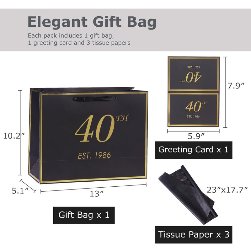 momoake 40th Birthday Gift Bag with Card and Tissue Paper for Men Women Him, 1986 40 Year Old 13" Elegant Black Gold Anniversary Keepsake Party Present Shopping Paper Bags for Gifts Wrapping (1986 40th) - Image 2