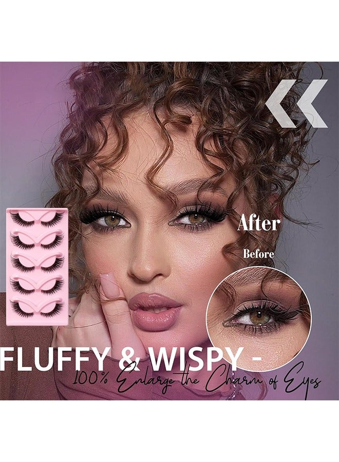 HS - 5 Pairs Fox Eye Lashes Wispy, Cat Eye False Eyelashes With Thick Curls And Multi-Layered Eyelashes To Lengthen 3D Eyelashes, Faux Mink Lashes Pack, Fake Lashes - Image 1