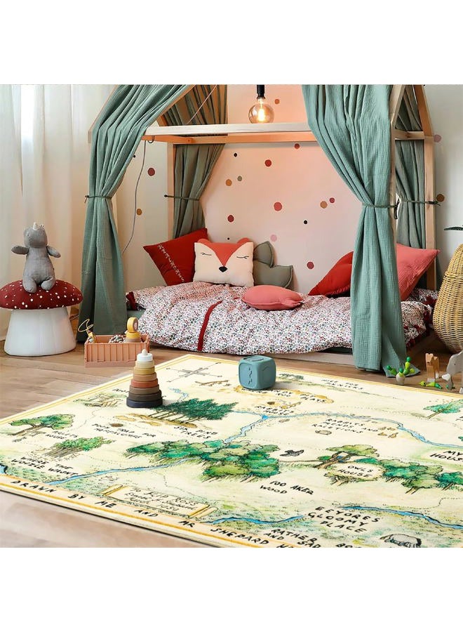 Estmy 3x5 Vintage Woodland Area Rug, Cute Fun Nursery Rugs for Girls Boys Neutral, Thin Pile Faux Wool Soft Stain Resistant Hundred Acre Wood Map Rug, Cartoon Retro Kids Play Rug Infant Playmat - Image 2