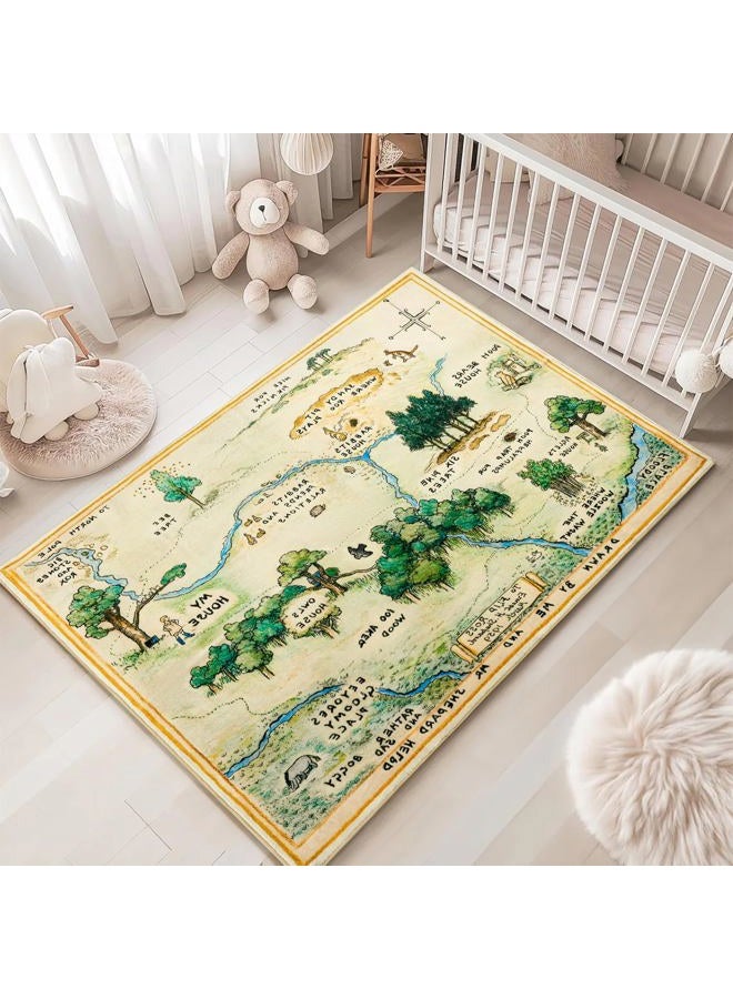 Estmy 3x5 Vintage Woodland Area Rug, Cute Fun Nursery Rugs for Girls Boys Neutral, Thin Pile Faux Wool Soft Stain Resistant Hundred Acre Wood Map Rug, Cartoon Retro Kids Play Rug Infant Playmat - Image 1