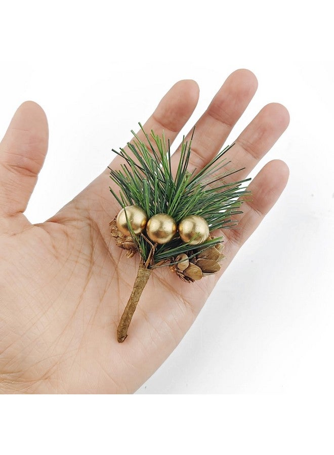 TIHOOD TIHOOD 25PCS Artificial Pine Picks, Pine Needles Branches with Gold Berry Stems, Small Fake Berries Pinecones Branches for Crafts Christmas Tree DIY Garland Holiday Wreath(Gold)  - Image 3