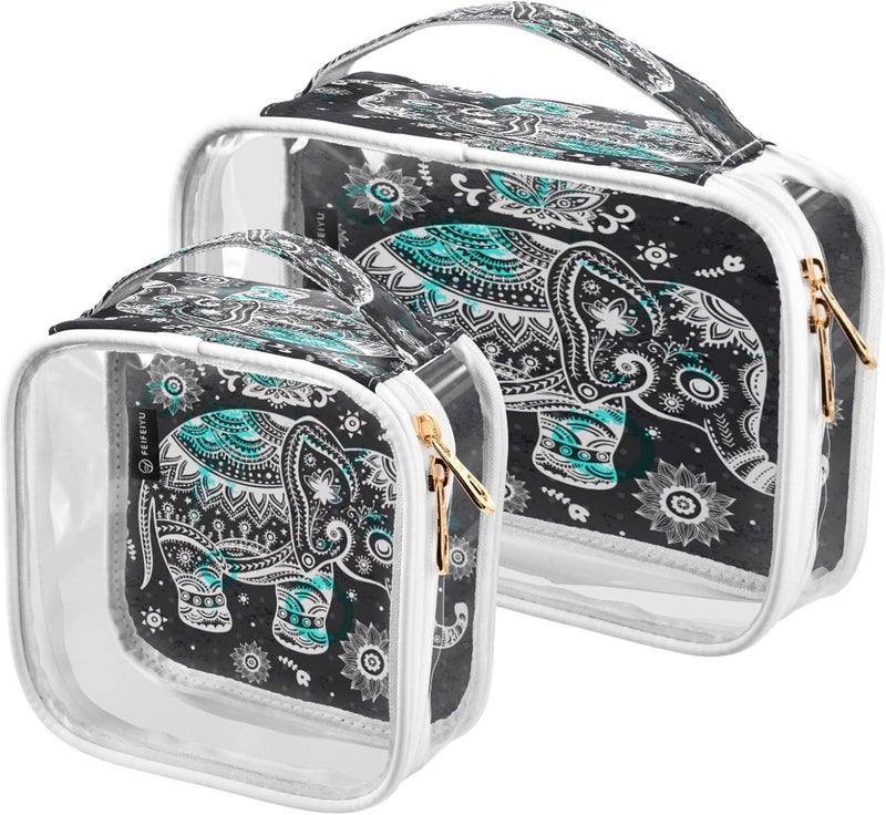 ZOEO 2 Pack Clear Makeup Bag, African Triba Vintage Lotus Elephant Car Pouches For Organization Waterproof Travel Toiletry Bags For Women Girl 