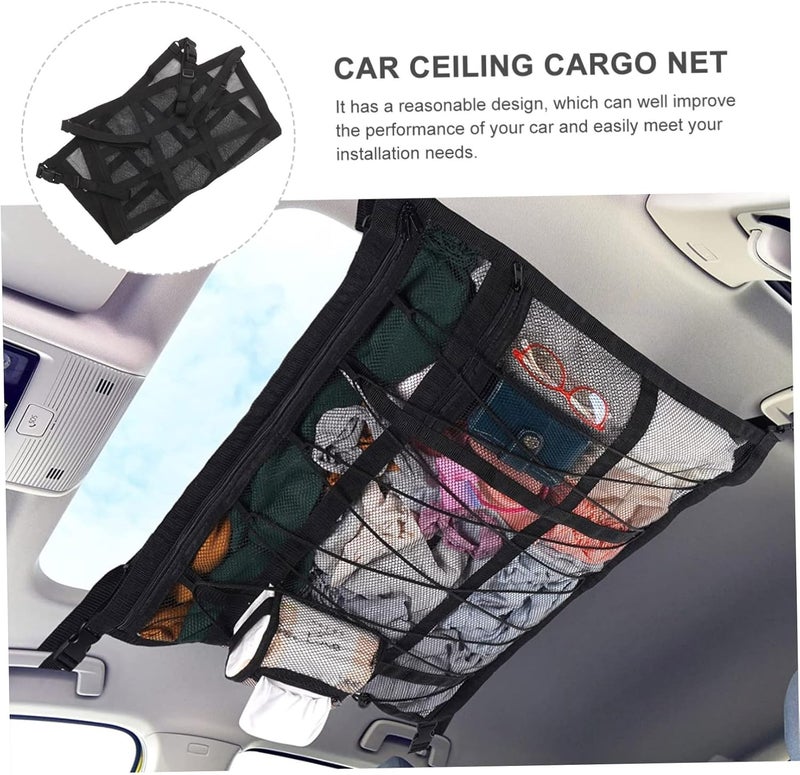 Car Ceiling Cargo Net Pouch Double Mesh Automotive Storage Organizer Space Saving Car Travel Accessory for Sundries Easy to Install for Long Trips - Image 2