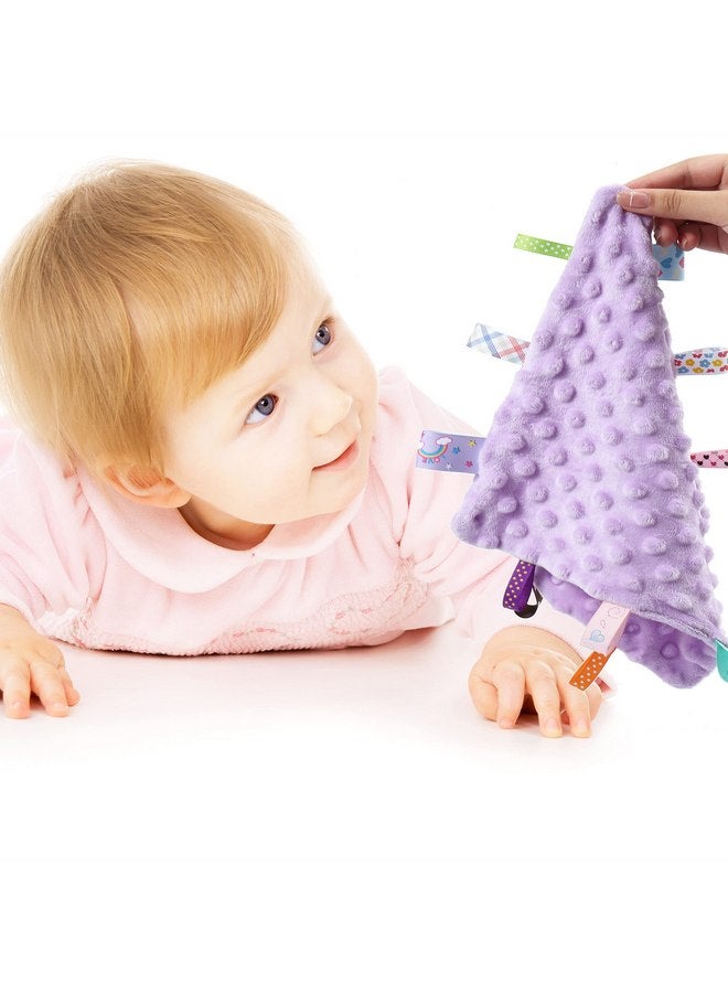 CREVENT Tag Security Blankets for Babies, Soft Small Loveys for Girls, Baby Comforter Sensory Blanket, Great Gifts for Birthday Baby Shower 10"X10" (Purple+Pink Tag, Crib) - Image 4