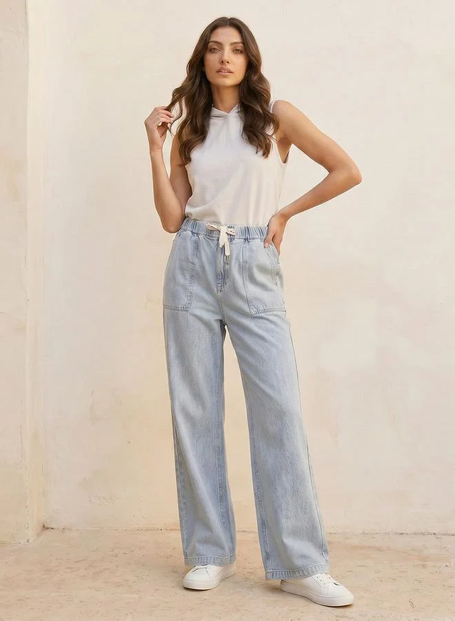 Splash FAV BLUE Denim Carpenter Fit Elasticated Cotton Pants for Women | Best Price UAE