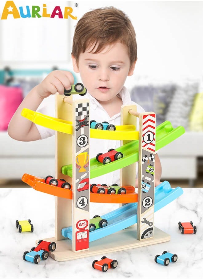 Wooden 7-Level Ramp Racer Toy, With 7 Mini Cars, Color Recognition, Smooth Edges, Sturdy Base, For Kids Aged 1–4, Indoor Table Game