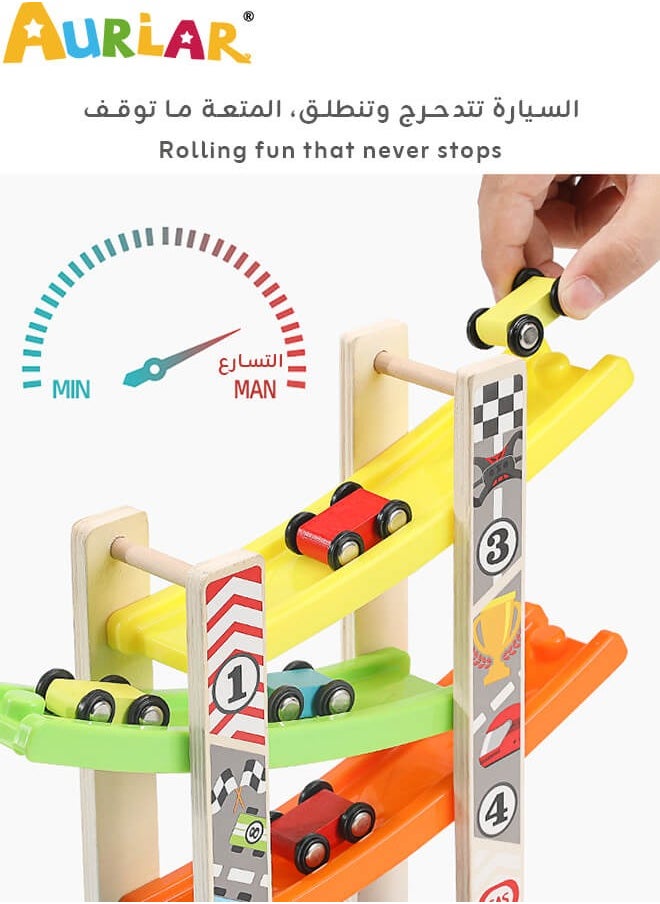Wooden 7-Level Ramp Racer Toy, With 7 Mini Cars, Color Recognition, Smooth Edges, Sturdy Base, For Kids Aged 1–4, Indoor Table Game