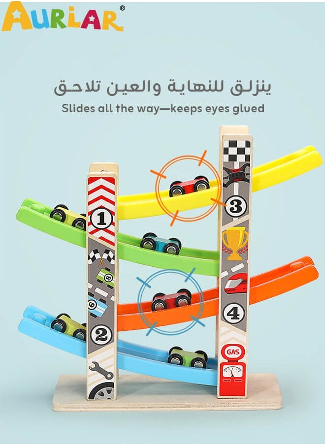 Wooden 7-Level Ramp Racer Toy, With 7 Mini Cars, Color Recognition, Smooth Edges, Sturdy Base, For Kids Aged 1–4, Indoor Table Game