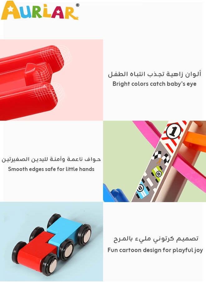 Wooden 7-Level Ramp Racer Toy, With 7 Mini Cars, Color Recognition, Smooth Edges, Sturdy Base, For Kids Aged 1–4, Indoor Table Game