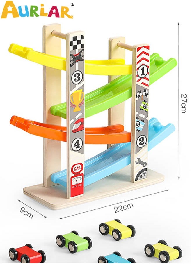 Wooden 7-Level Ramp Racer Toy, With 7 Mini Cars, Color Recognition, Smooth Edges, Sturdy Base, For Kids Aged 1–4, Indoor Table Game