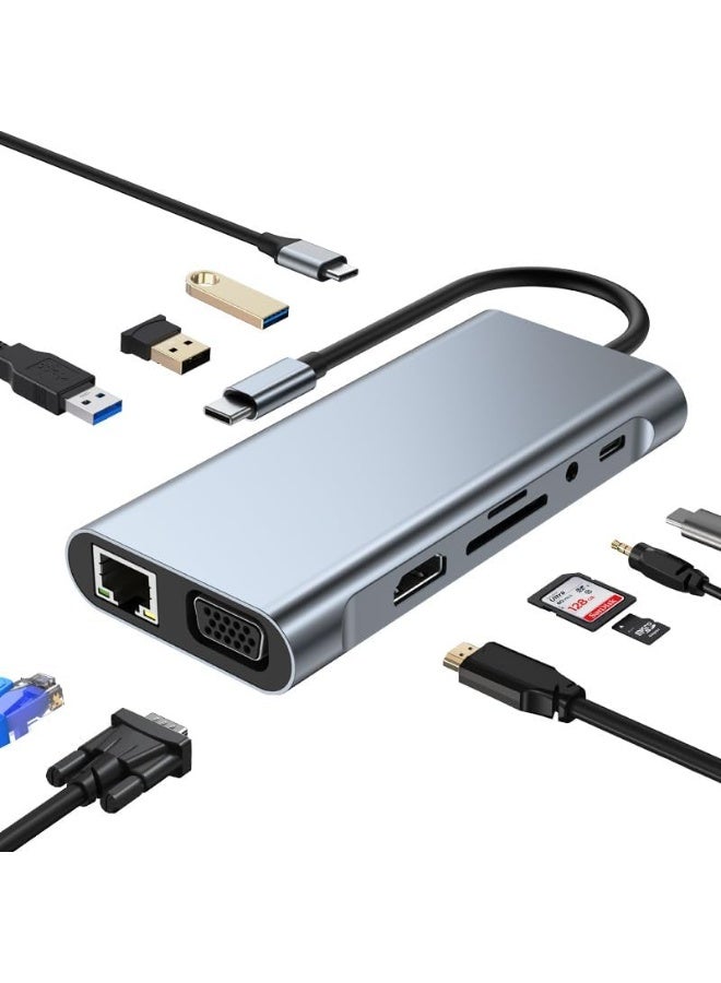 أوريون ماكس محول متعدد المنافذ 11 في 1 بمنفذ USB-C - يدعم HDMI بدقة 4K، وVGA، والشحن السريع PD، وUSB 3.0، ومنفذ إيثرنت RJ45، وقارئ بطاقات SD/TF، ​​ومنفذ صوت 3.5 ملم، ومحطة إرساء لأجهزة MacBook وأجهزة الكمبيوتر المحمولة من النوع C - Image 1